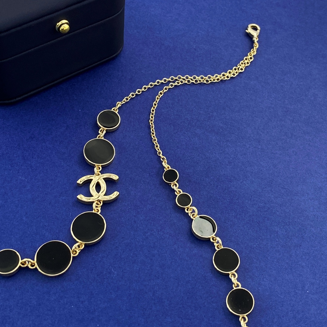 CCL332B Double Layer black enamel disc embossed double C necklace sweater necklace long chain - ccjewelryacc