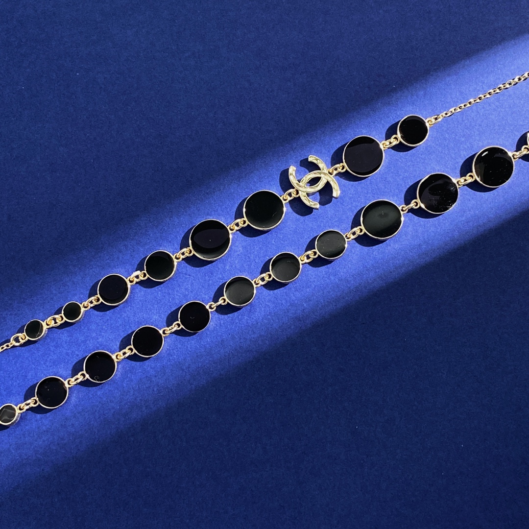 CCL332B Double Layer black enamel disc embossed double C necklace sweater necklace long chain - ccjewelryacc