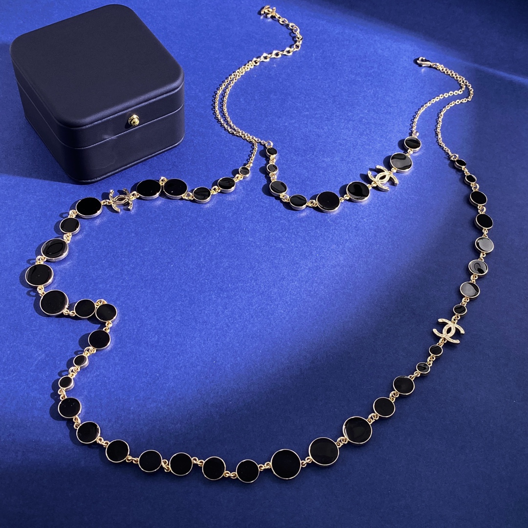 CCL332B Double Layer black enamel disc embossed double C necklace sweater necklace long chain - ccjewelryacc