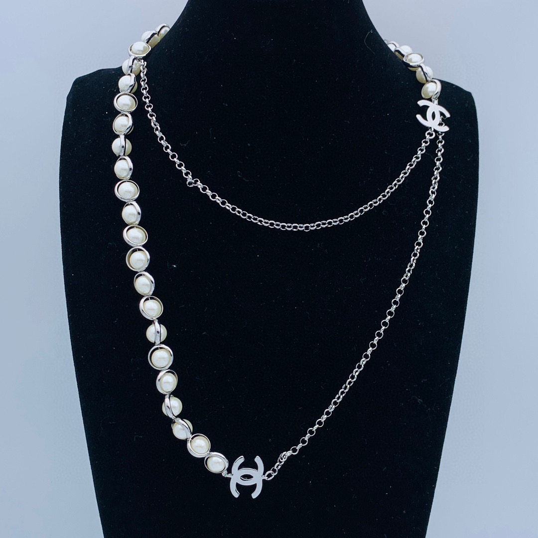 CCL057 CC pearl Sweater necklace long chain with cc logo - ccjewelryacc