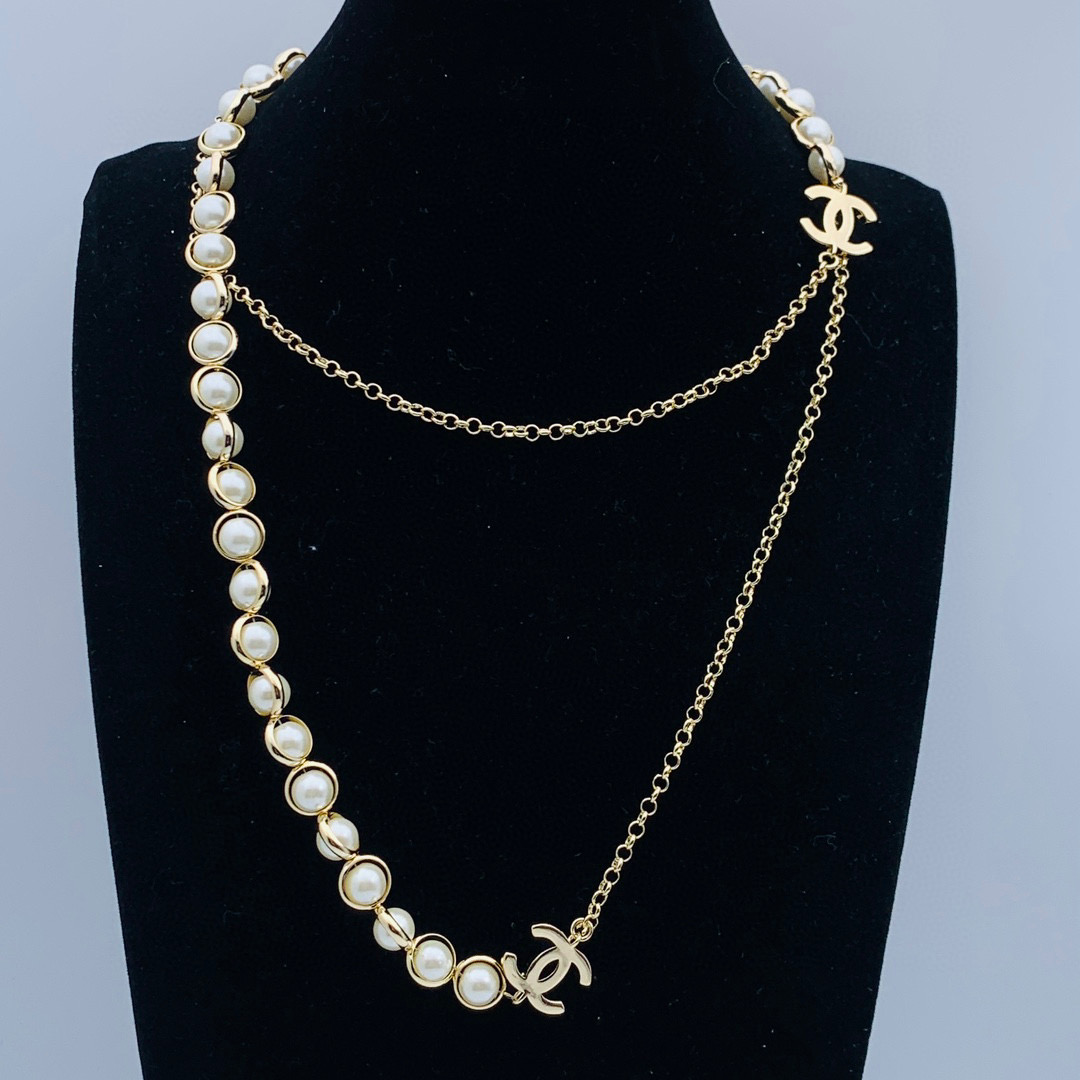 CCL057 CC pearl Sweater necklace long chain with cc logo - ccjewelryacc
