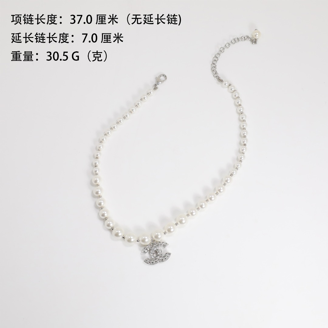 CCN415 COCO CC  pearl choker necklace With Zircon Crystal CC logo - ccjewelryacc