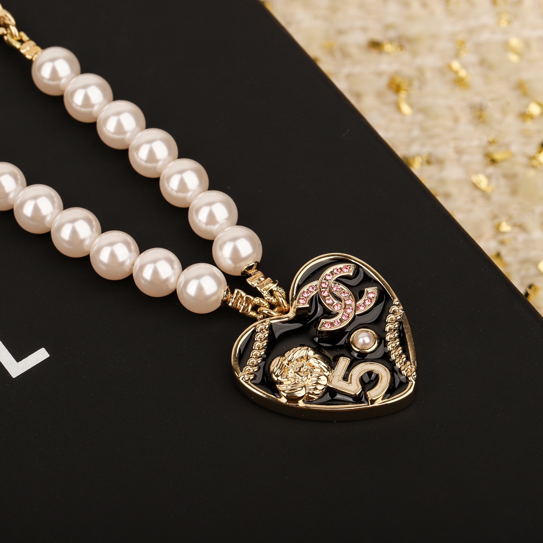 CCN416 CC Enamel drop oil Heart pearl necklace - ccjewelryacc