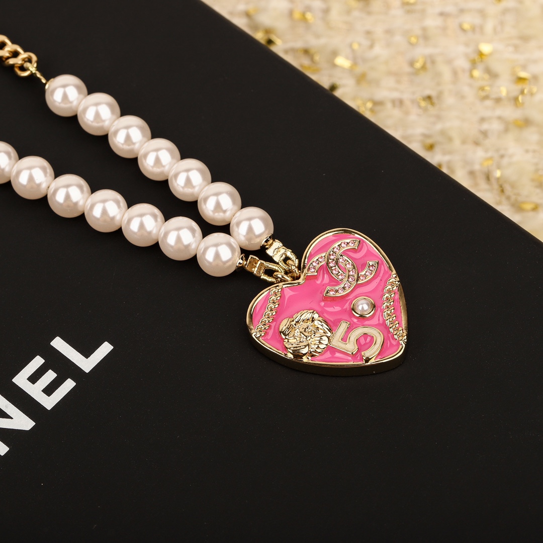 CCN416 CC Enamel drop oil Heart pearl necklace - ccjewelryacc