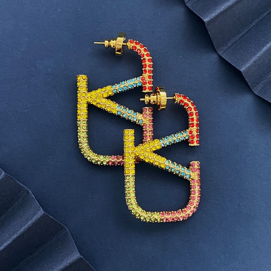 VTE119 4.5cm Colorfull crystal V Logo Earrings Large - ccjewelryacc