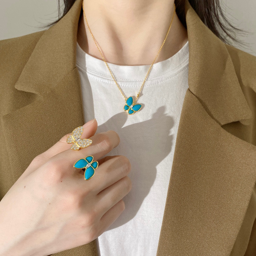 VCT005 Van cleef turquoise two butterfly series necklace bracelet earring ring jewelry set - ccjewelryacc