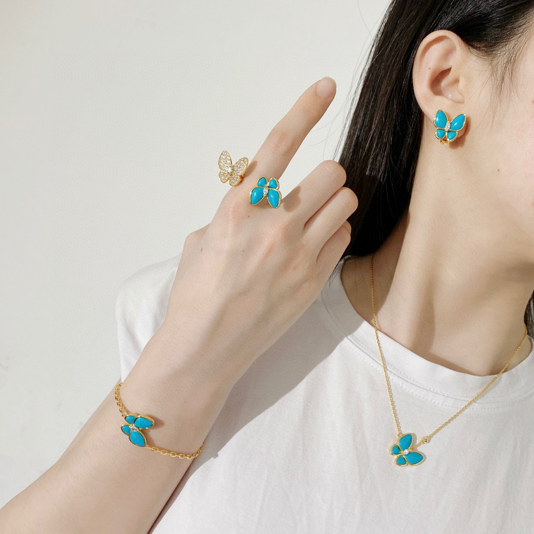 VCT005 Van cleef turquoise two butterfly series necklace bracelet earring ring jewelry set - ccjewelryacc