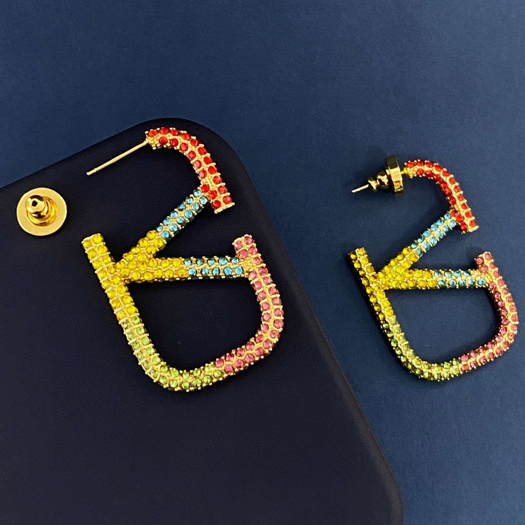 VTE119 4.5cm Colorfull crystal V Logo Earrings Large - ccjewelryacc