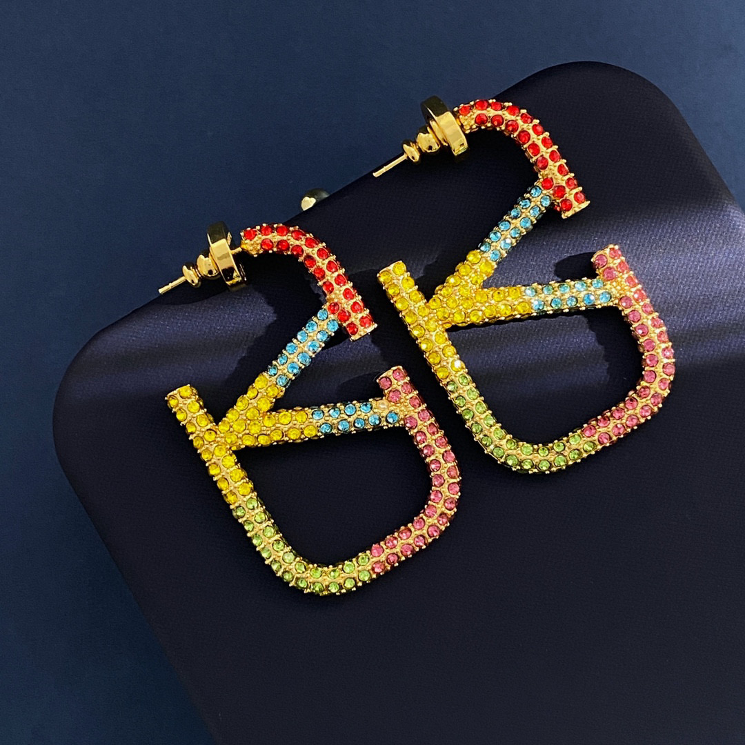 VTE119 4.5cm Colorfull crystal V Logo Earrings Large - ccjewelryacc