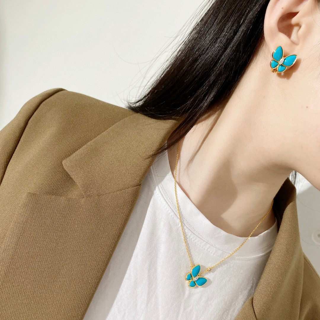 VCT005 Van cleef turquoise two butterfly series necklace bracelet earring ring jewelry set - ccjewelryacc