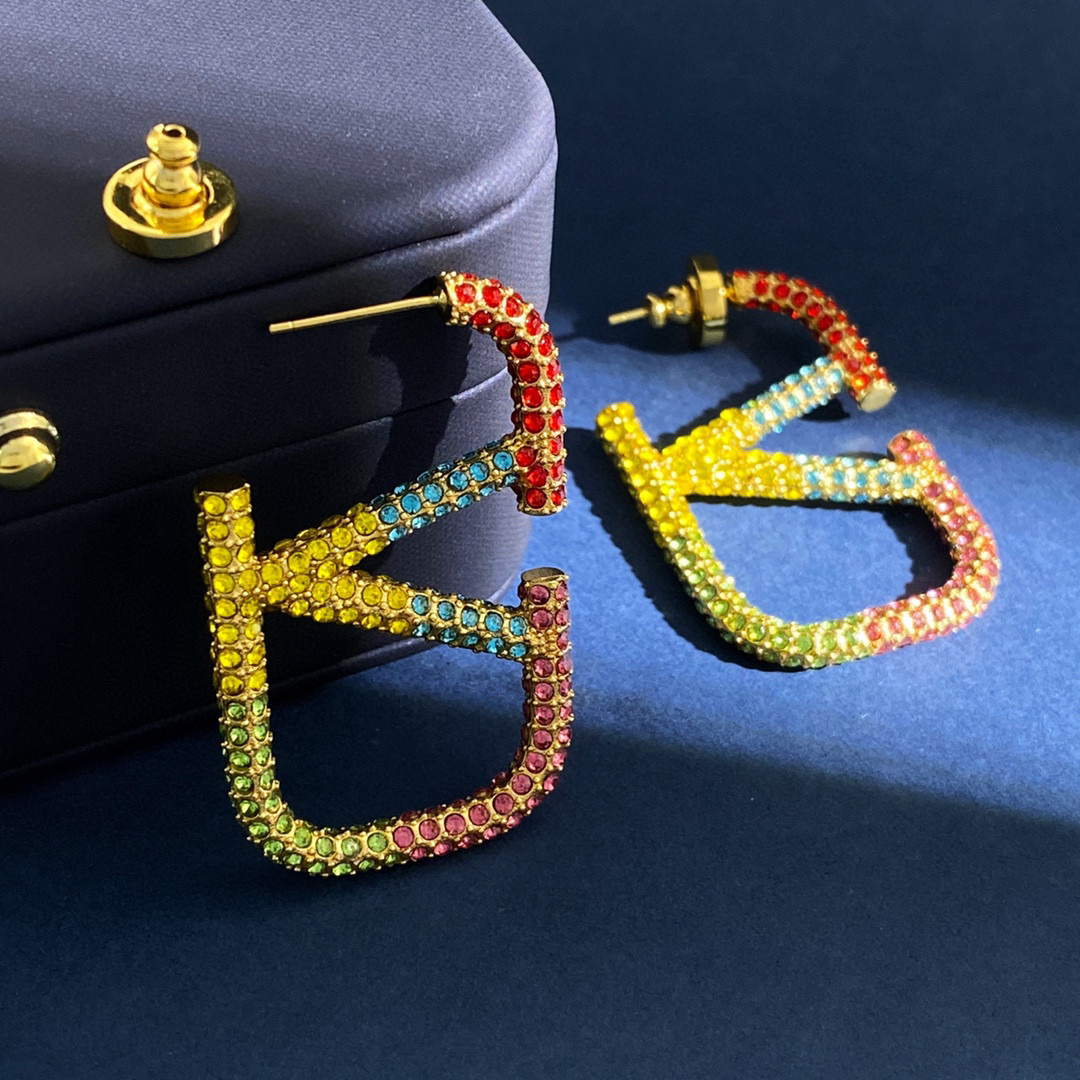 VTE119 4.5cm Colorfull crystal V Logo Earrings Large - ccjewelryacc