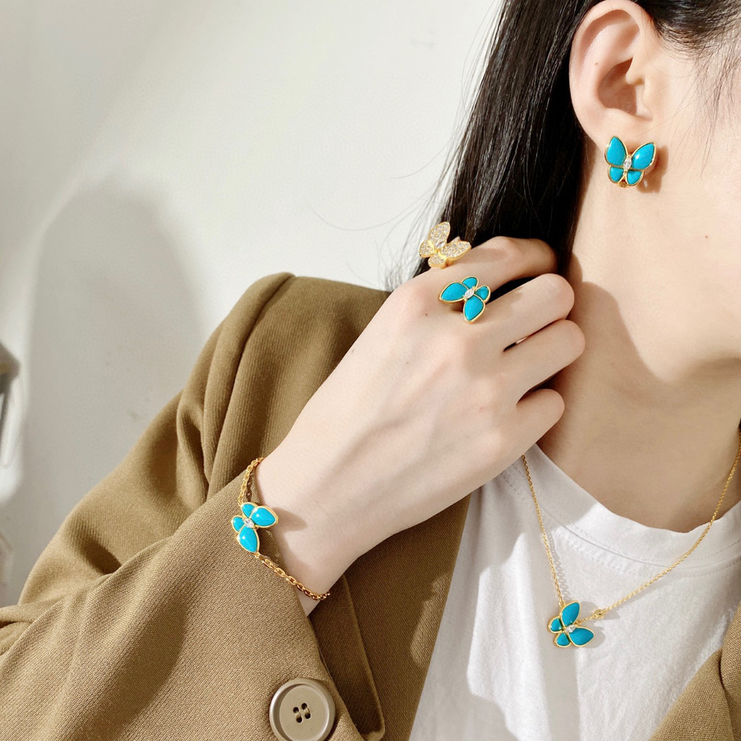 VCT005 Van cleef turquoise two butterfly series necklace bracelet earring ring jewelry set - ccjewelryacc
