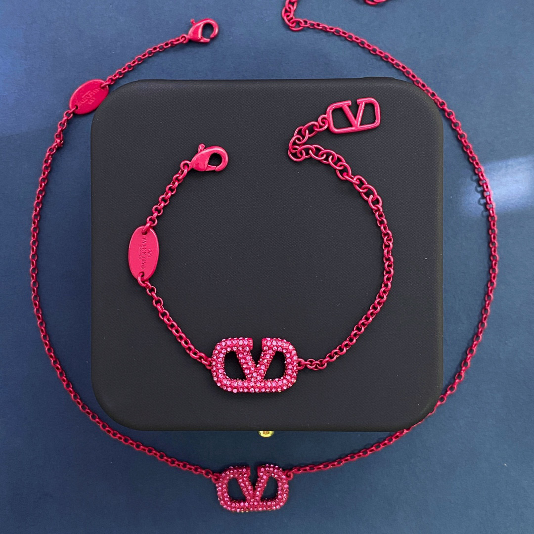 VTS025 Valentino Garavani Pink VLogo Signature Bracelet Necklace - ccjewelryacc