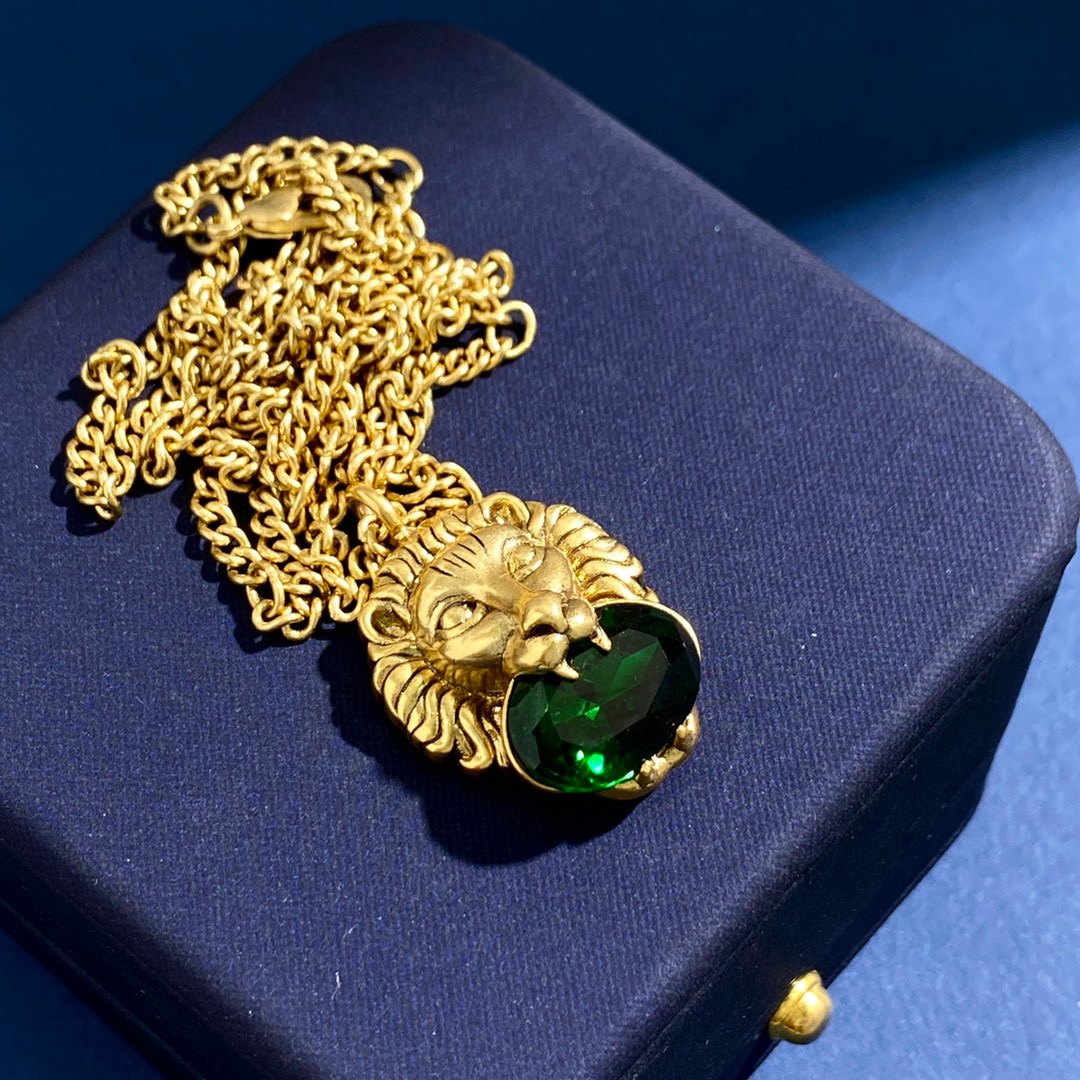 GGN053 GG lion head with Emerald zircon pendant necklace - ccjewelryacc
