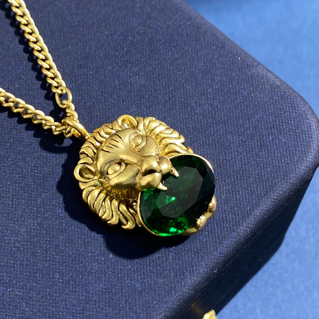 GGN053 GG lion head with Emerald zircon pendant necklace - ccjewelryacc