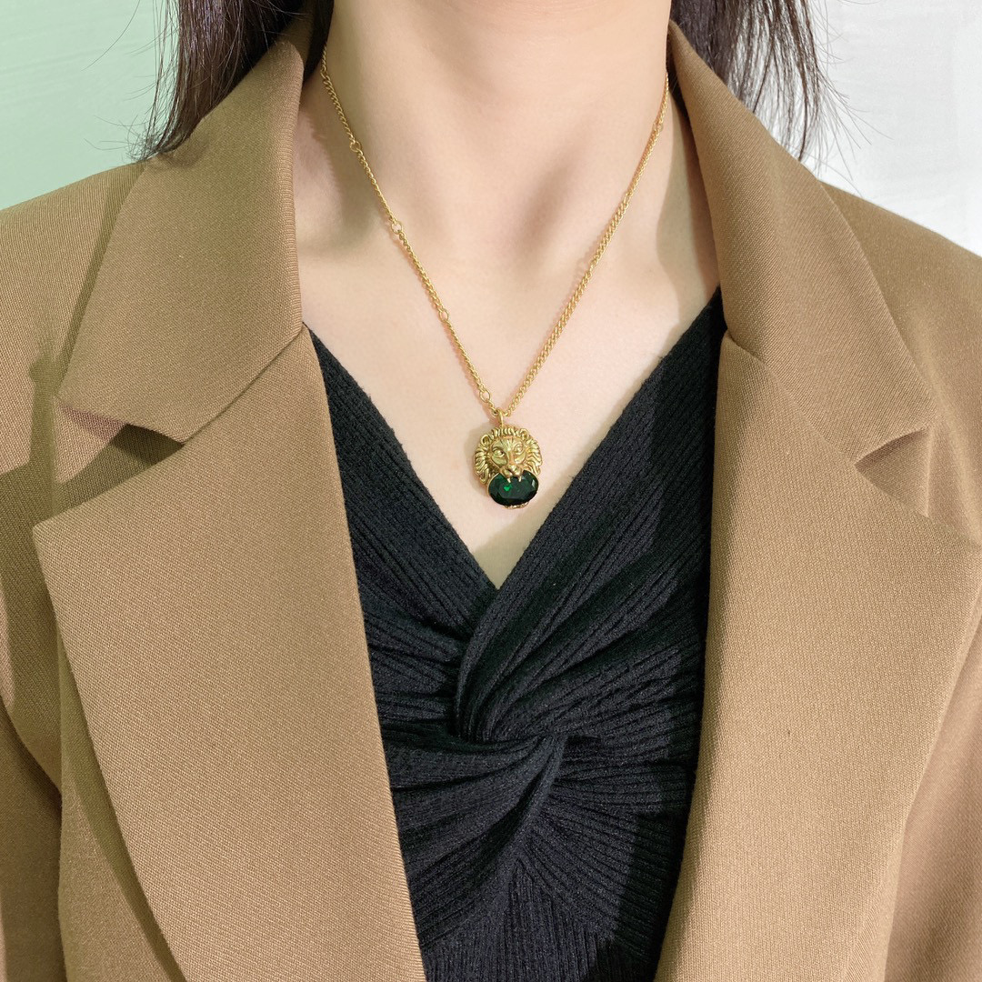GGN053 GG lion head with Emerald zircon pendant necklace - ccjewelryacc