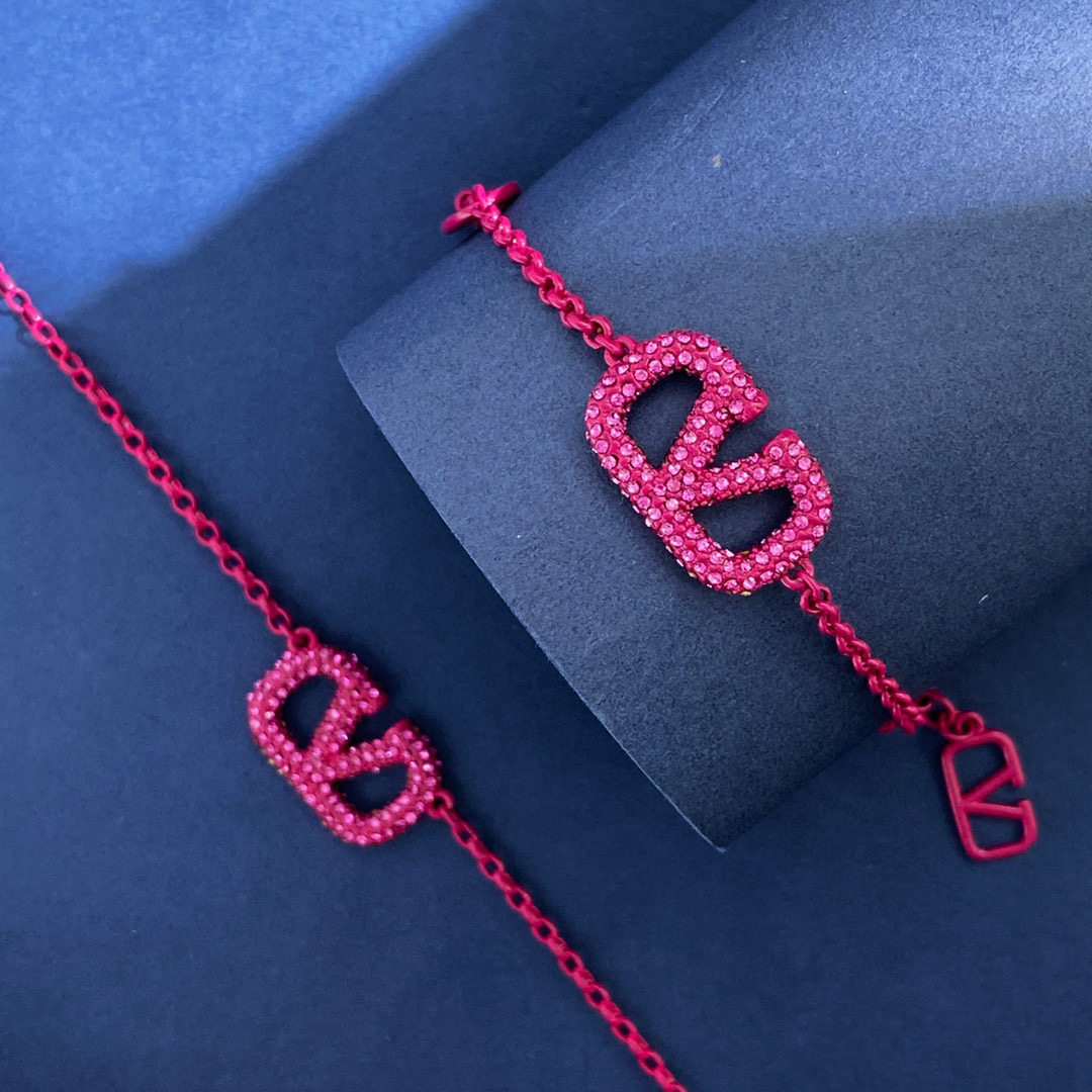 VTS025 Valentino Garavani Pink VLogo Signature Bracelet Necklace - ccjewelryacc