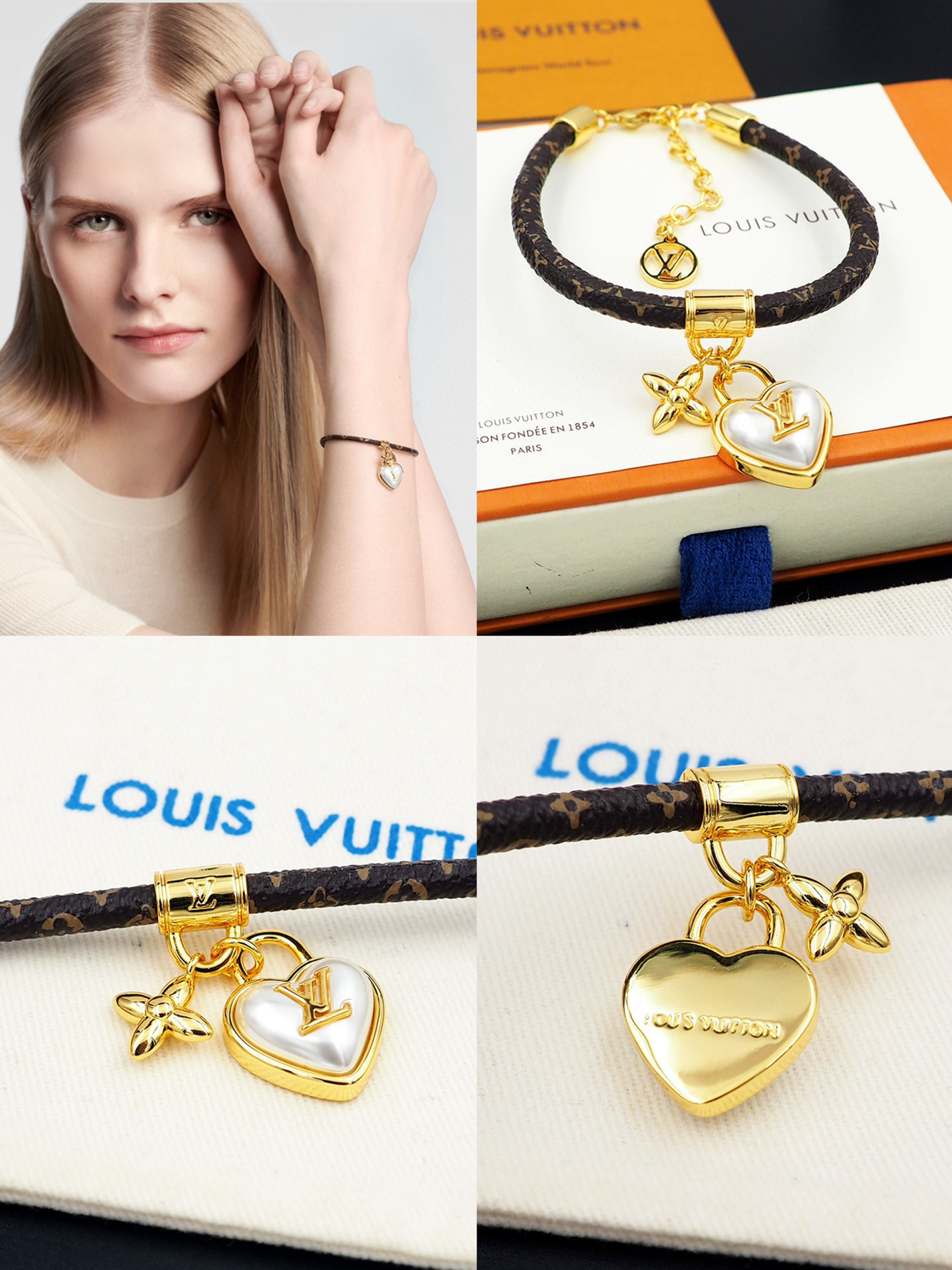 LVS045 LV Heart Padlock Monogram Leather bracelet for men - ccjewelryacc
