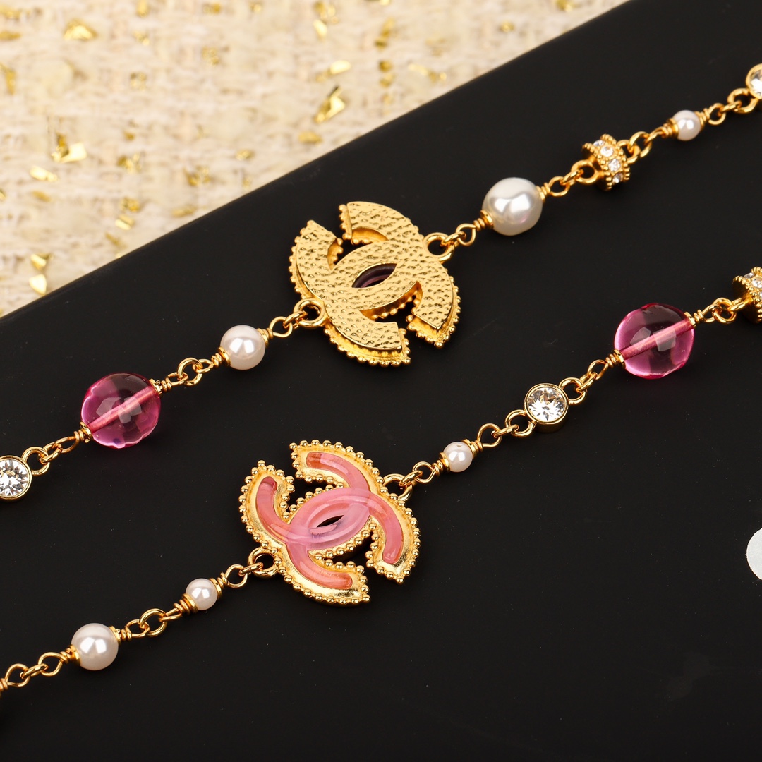 CCL058 24p Pink CC pearl Sweater necklace long chain with cc logo - ccjewelryacc