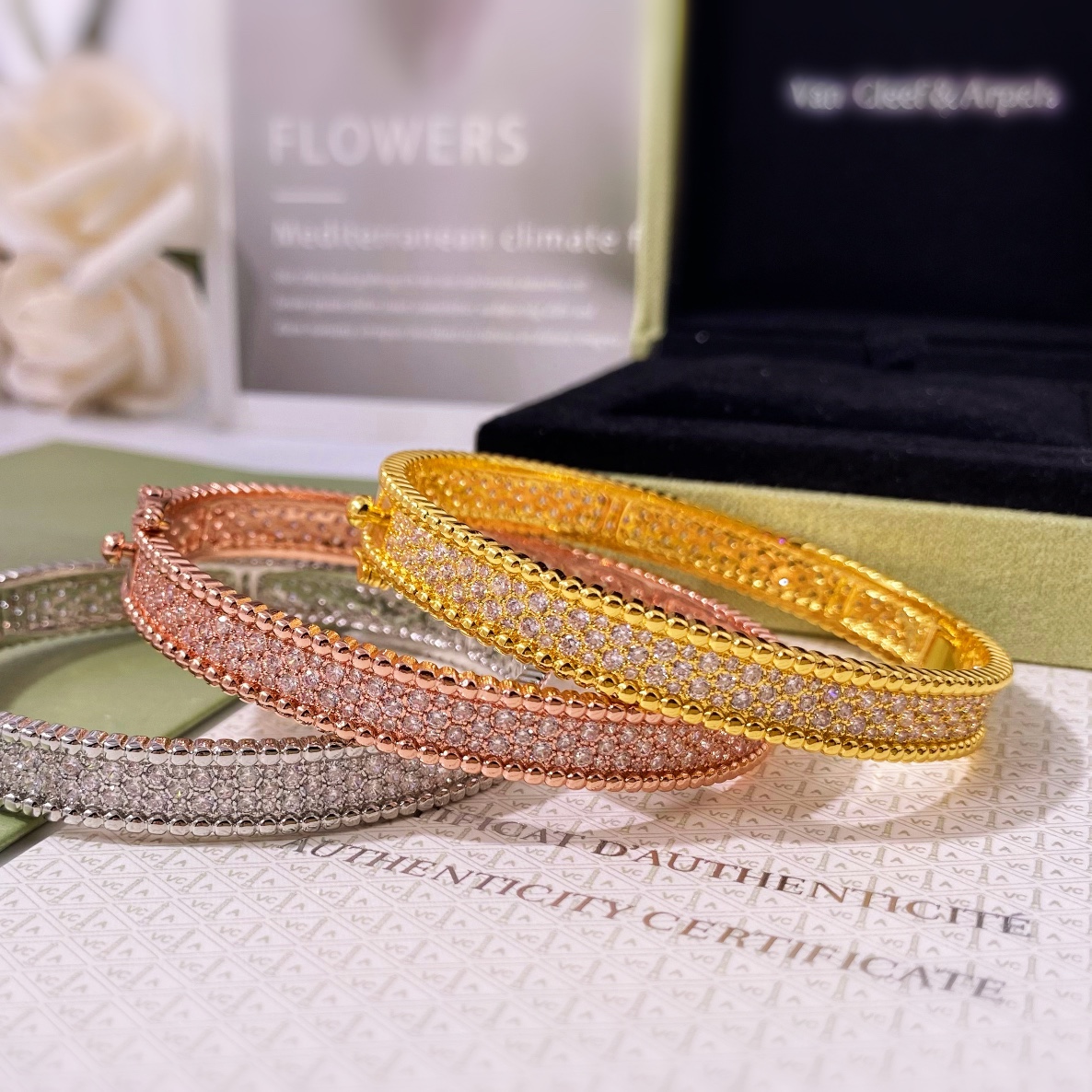 VCS013 Wide VCA perlee 3 Rows diamond bangle bracelet,medium - ccjewelryacc