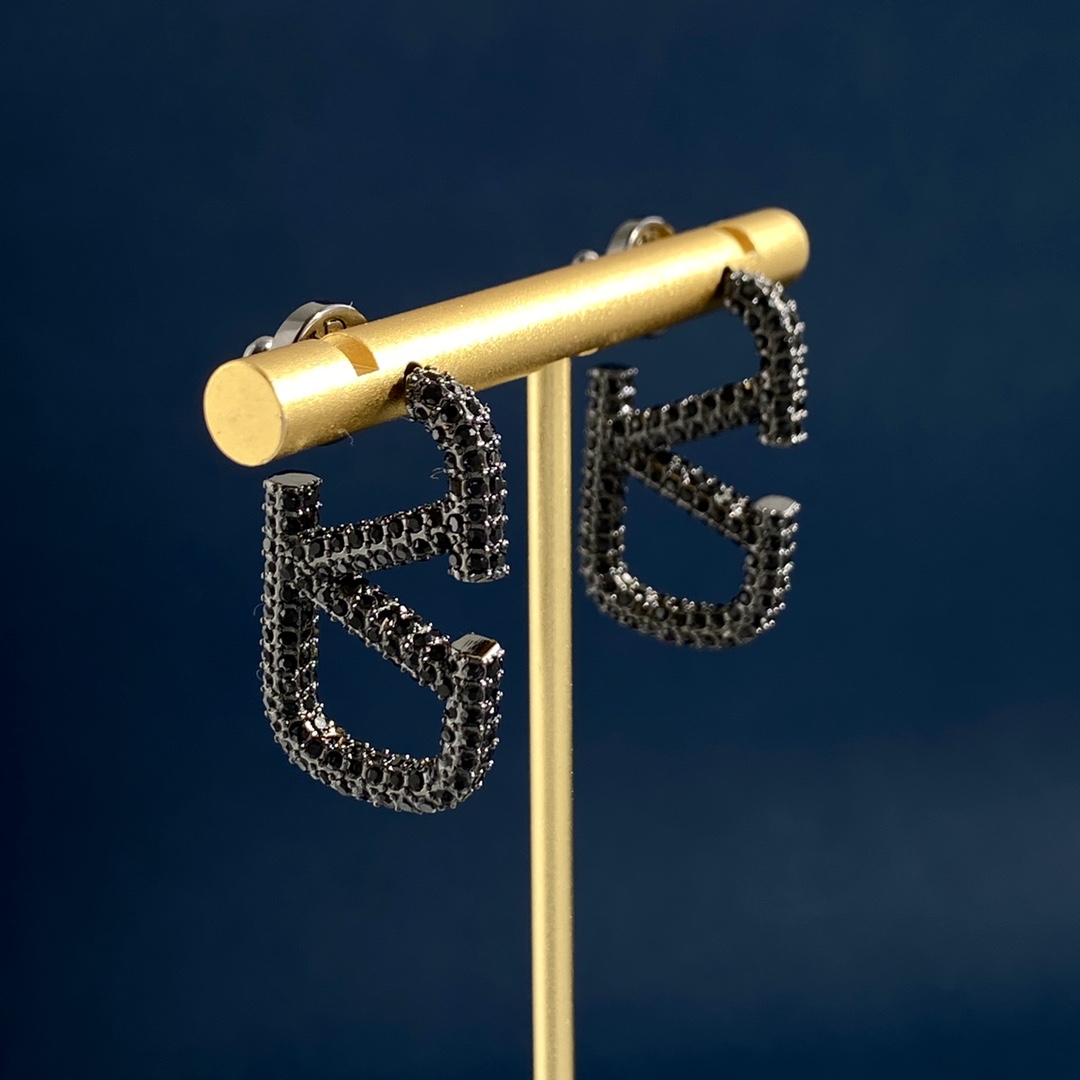 VTE010 Valentino Garavani Vlogo Signature Earrings in Metal Black Crystals - ccjewelryacc