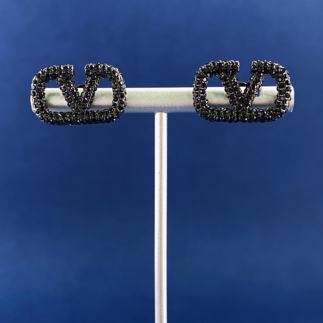 VTE010 Valentino Garavani Vlogo Signature Earrings in Metal Black Crystals - ccjewelryacc