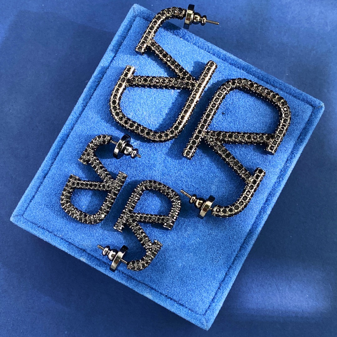 VTE010 Valentino Garavani Vlogo Signature Earrings in Metal Black Crystals - ccjewelryacc