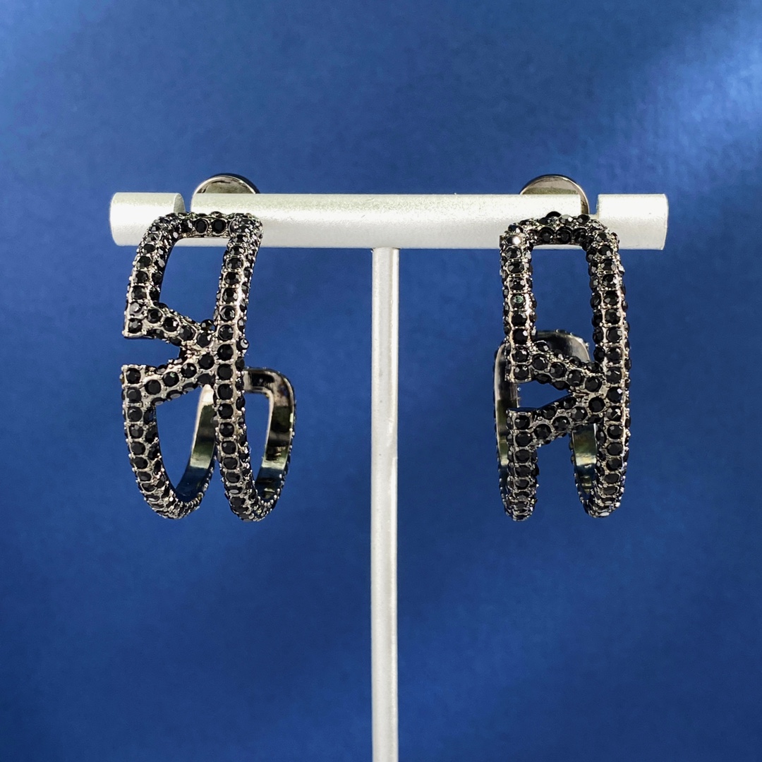 VTE010 Valentino Garavani Vlogo Signature Earrings in Metal Black Crystals - ccjewelryacc