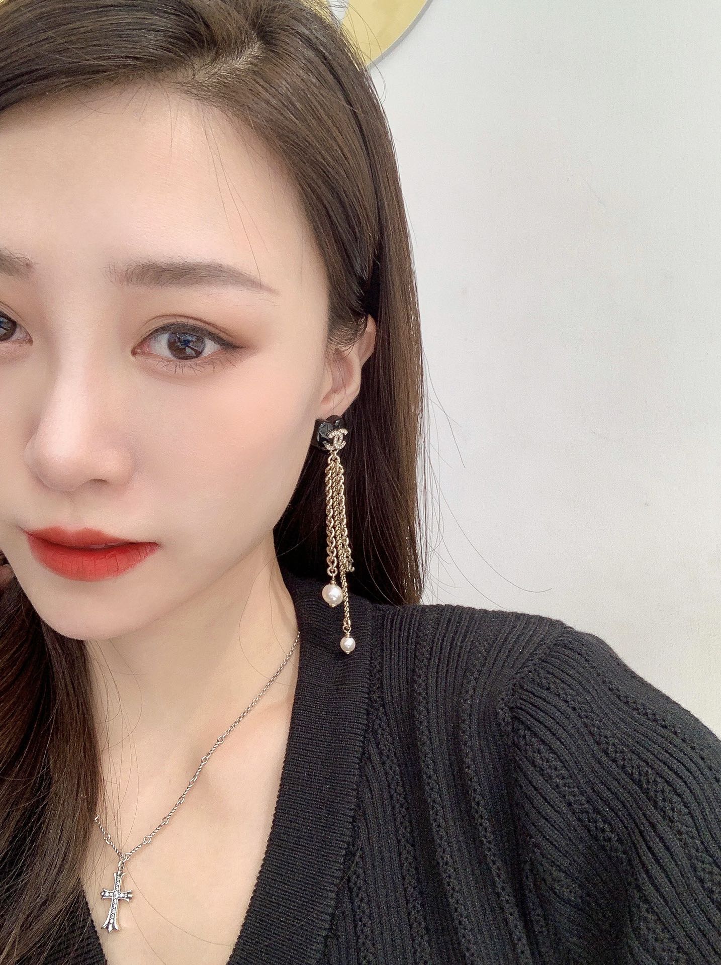 CCE579  CC Black heart chain tassels stud earrings - ccjewelryacc