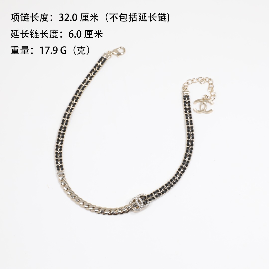 CCN070 Metal and leather chain with crystal cc logo pendant Necklace - ccjewelryacc