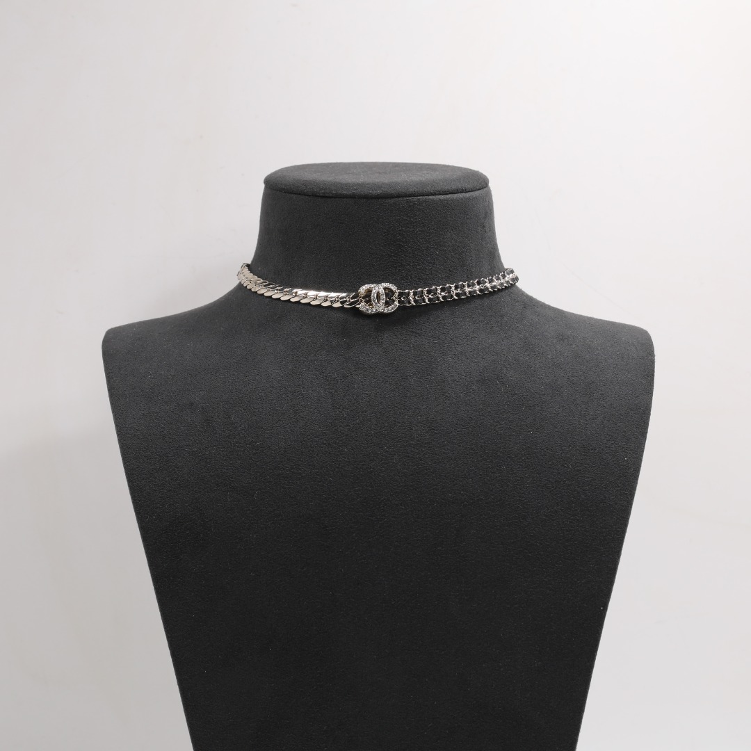 CCN070 Metal and leather chain with crystal cc logo pendant Necklace - ccjewelryacc