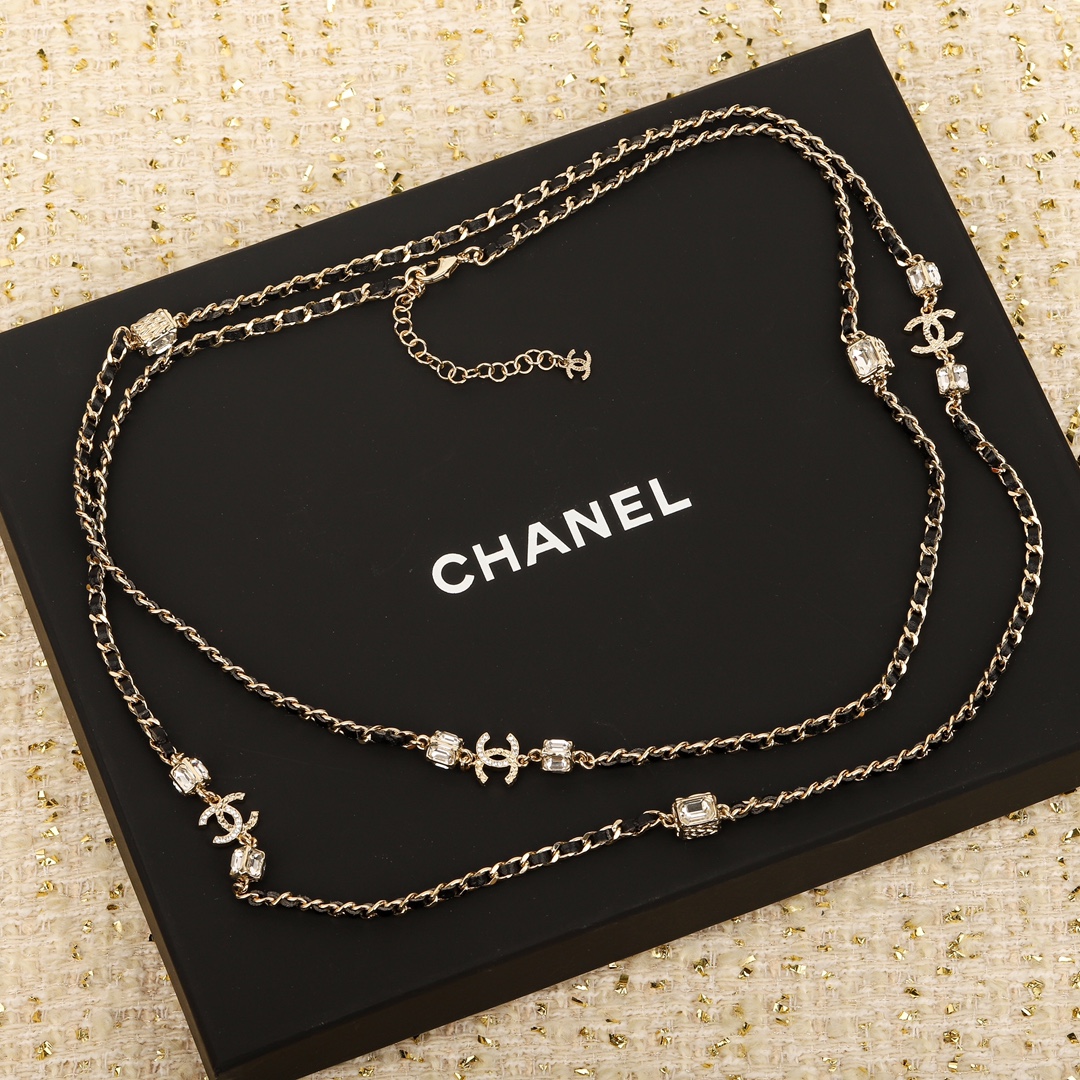 CCL290 CC metal and leather long chain necklace - ccjewelryacc