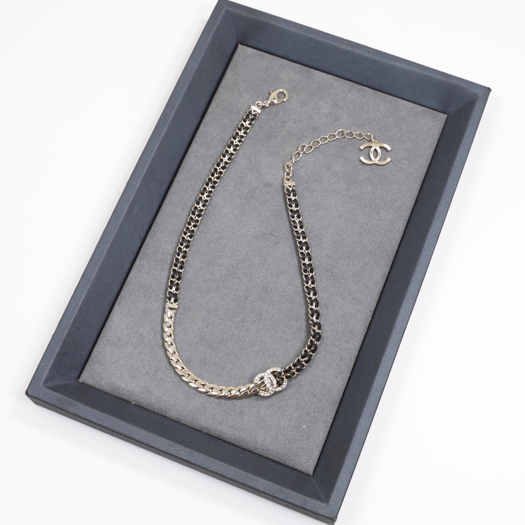 CCN070 Metal and leather chain with crystal cc logo pendant Necklace - ccjewelryacc