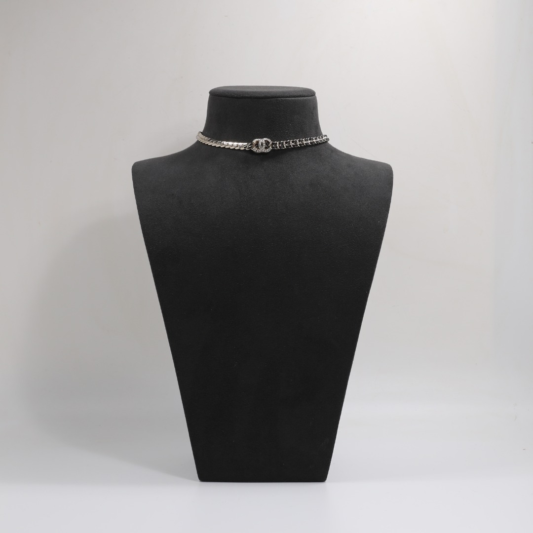 CCN070 Metal and leather chain with crystal cc logo pendant Necklace - ccjewelryacc