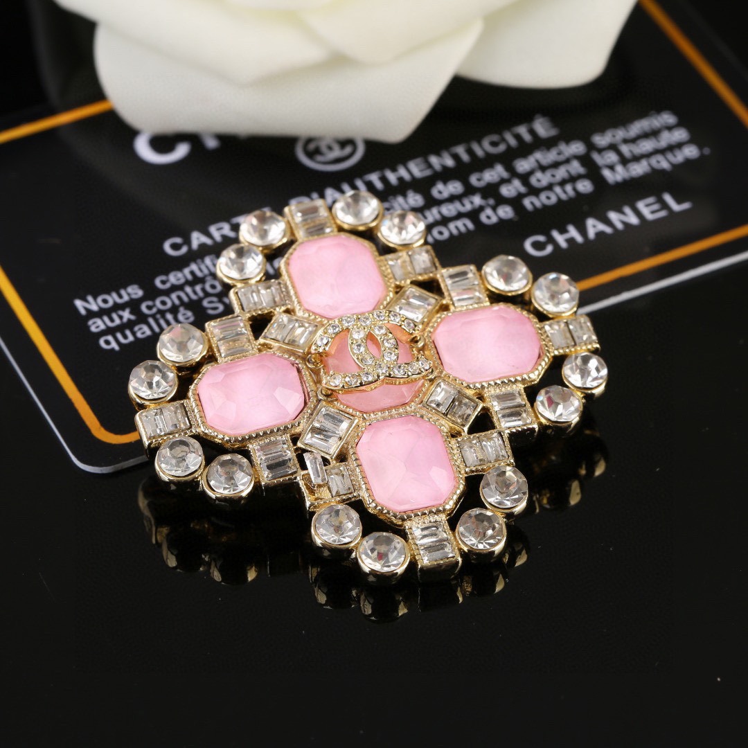 BCB161 Pink crystal cross with CC logo brooch pin - ccjewelryacc