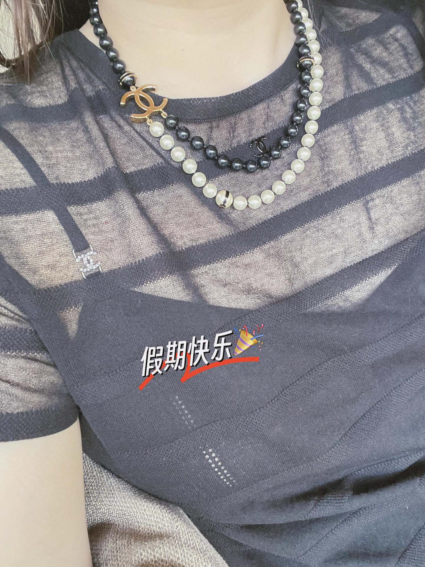 CCN442 CC double-deck necklace with black and white pearls - ccjewelryacc