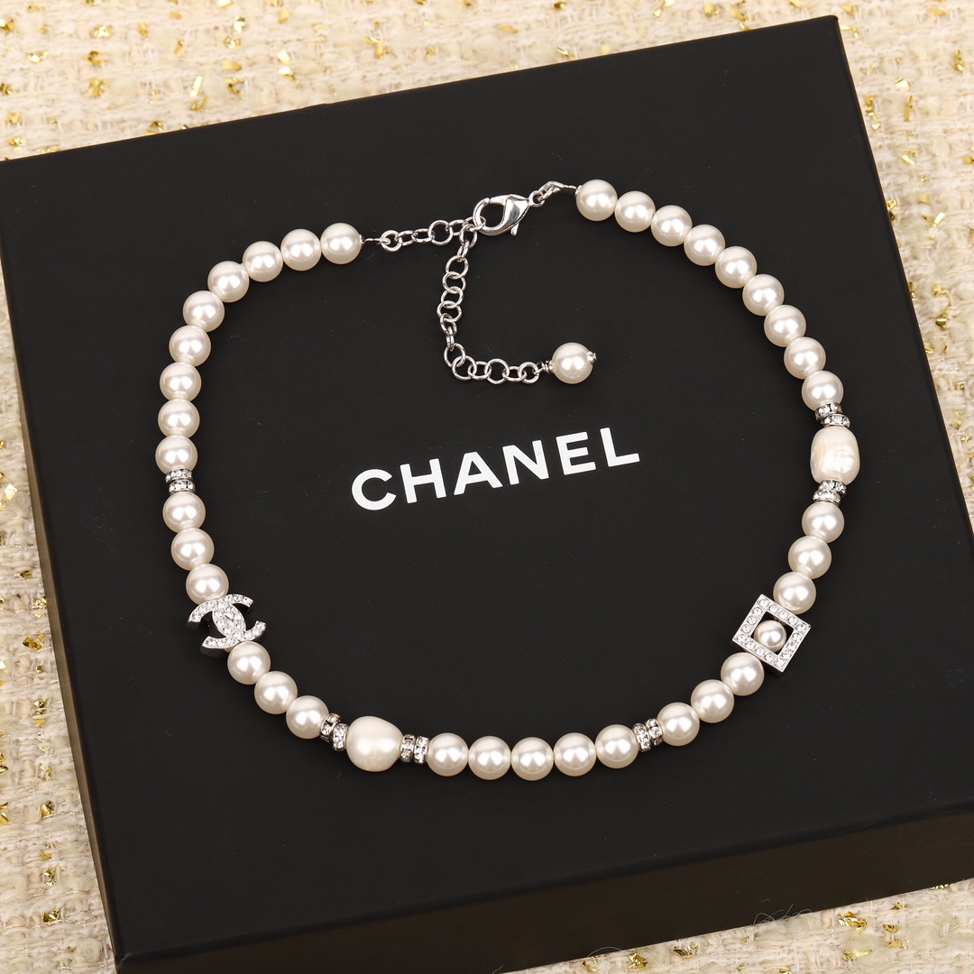 CCN441 24S CC square pearl choker necklace - ccjewelryacc
