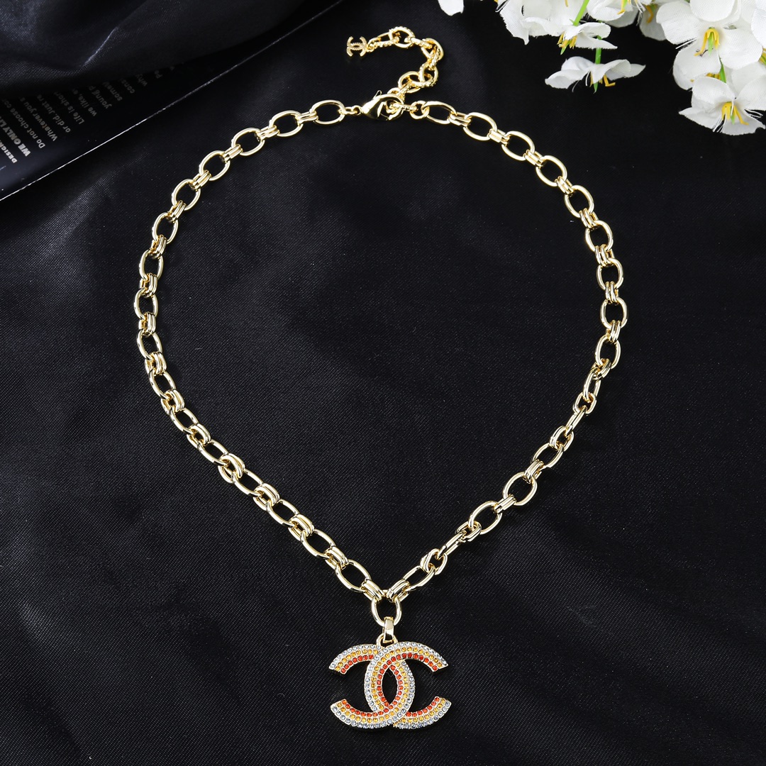 CCN455 CC chunky chain with rainbow CC logo pendant necklace - ccfashionjewelry