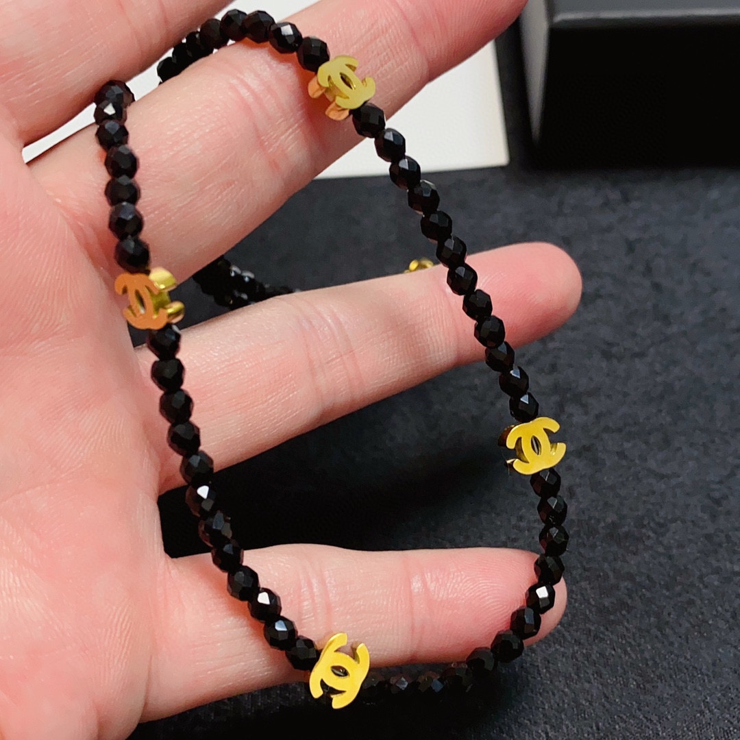 CCN452 CC cut black crystal with gold cc logo choker necklace - ccjewelryacc