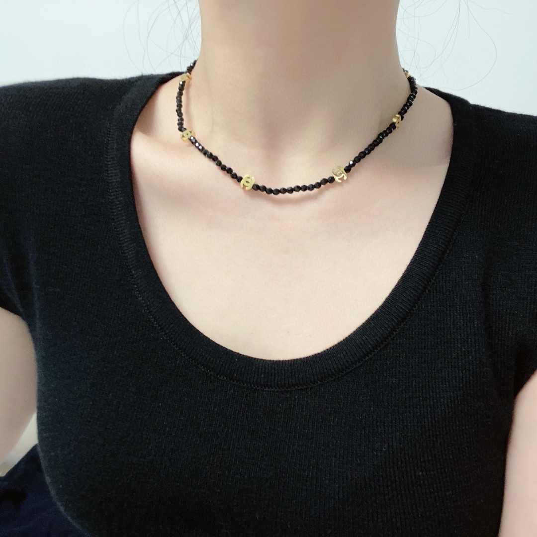 CCN452 CC cut black crystal with gold cc logo choker necklace - ccjewelryacc