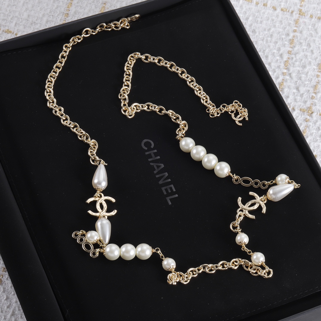 CCL137 Matel chain with pearl CC long chain Necklace sweater chain - ccjewelryacc