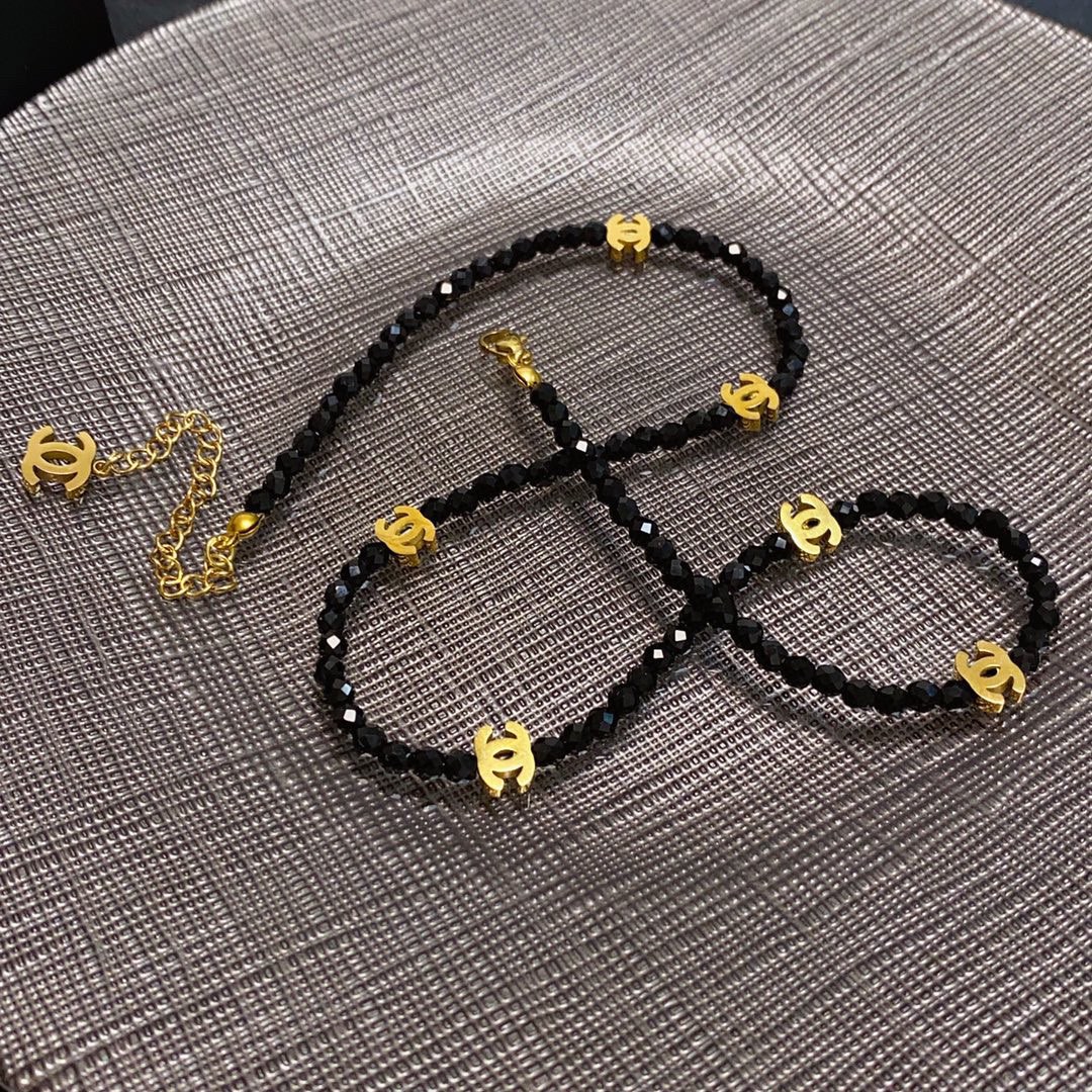 CCN452 CC cut black crystal with gold cc logo choker necklace - ccjewelryacc