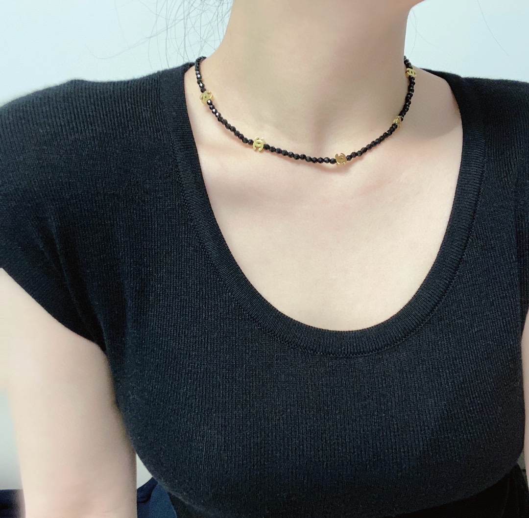 CCN452 CC cut black crystal with gold cc logo choker necklace - ccjewelryacc