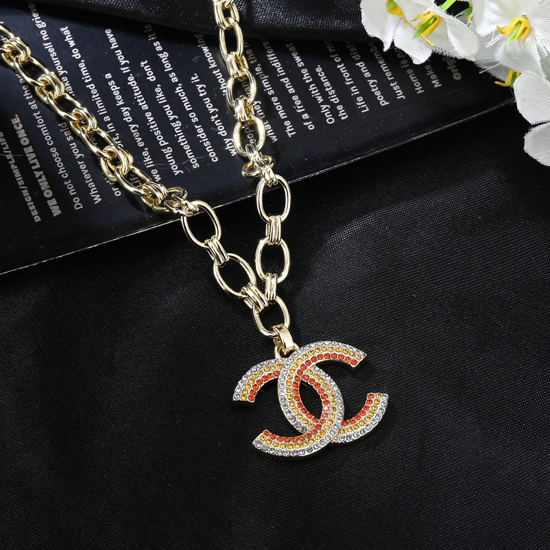 CCN455 CC chunky chain with rainbow CC logo pendant necklace - ccjewelryacc