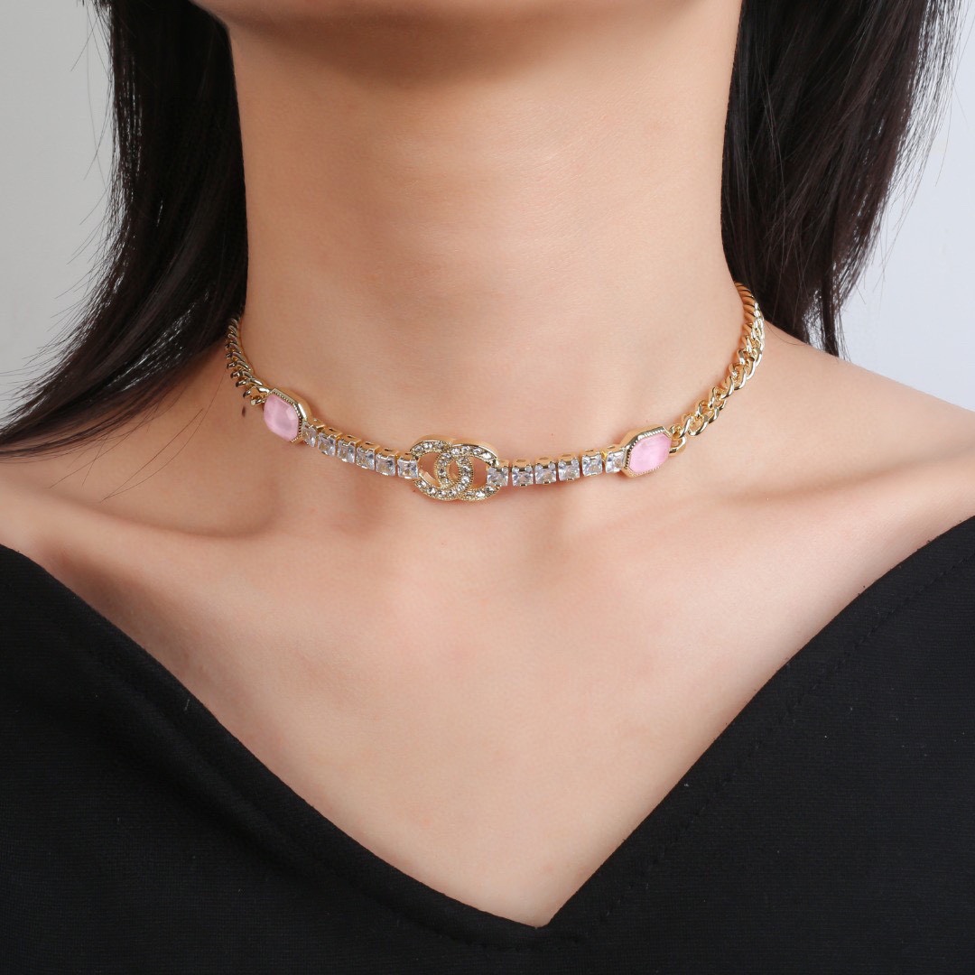 CCN456 CC Pink crystal choker necklace - ccjewelryacc
