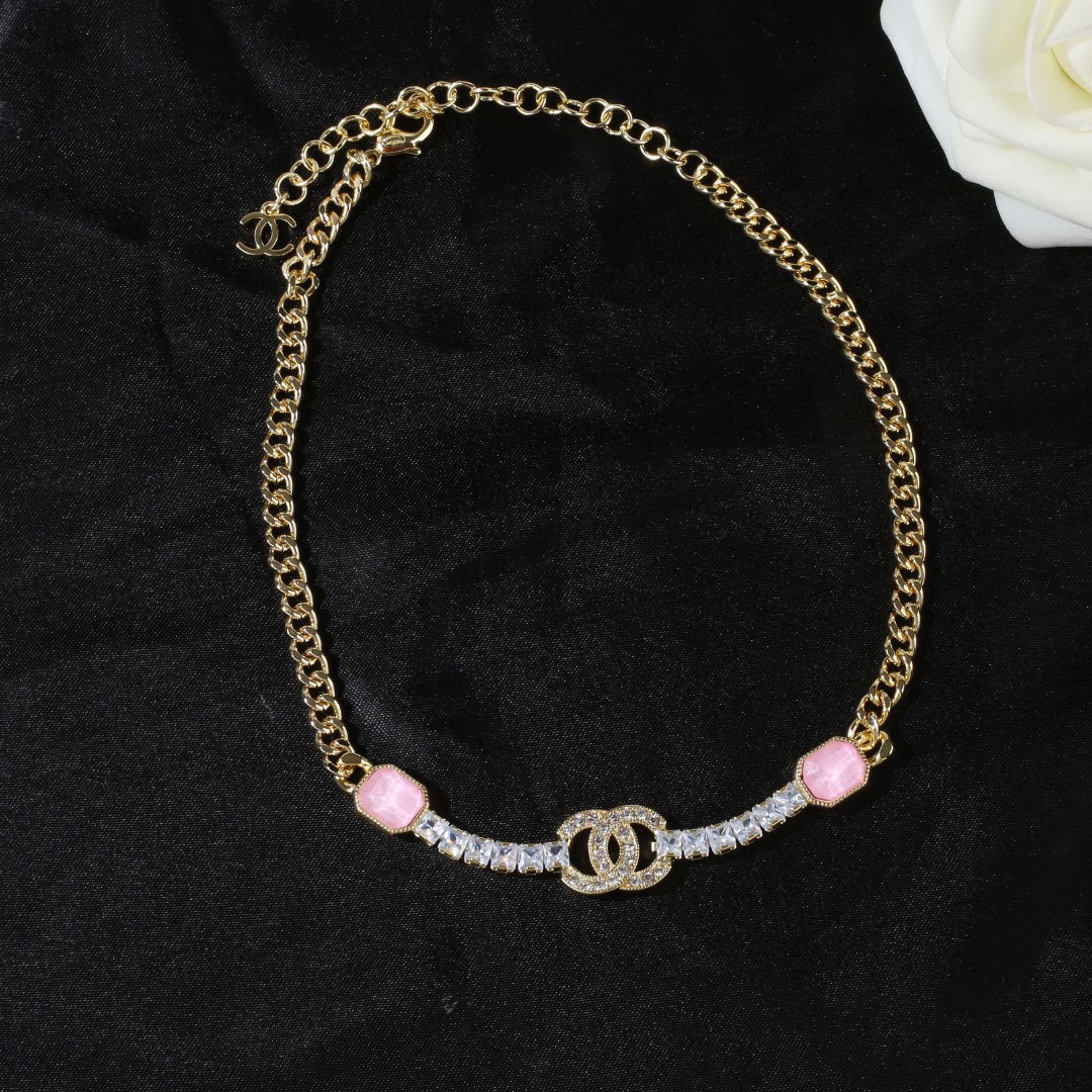 CCN456 CC Pink crystal choker necklace - ccjewelryacc