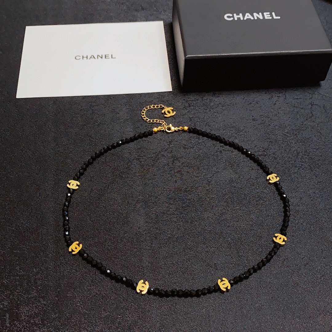 CCN452 CC cut black crystal with gold cc logo choker necklace - ccjewelryacc