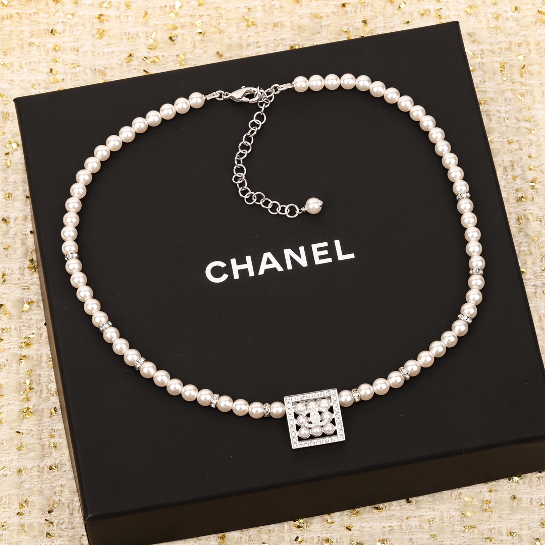 CCN441 24S CC square pearl choker necklace - ccjewelryacc