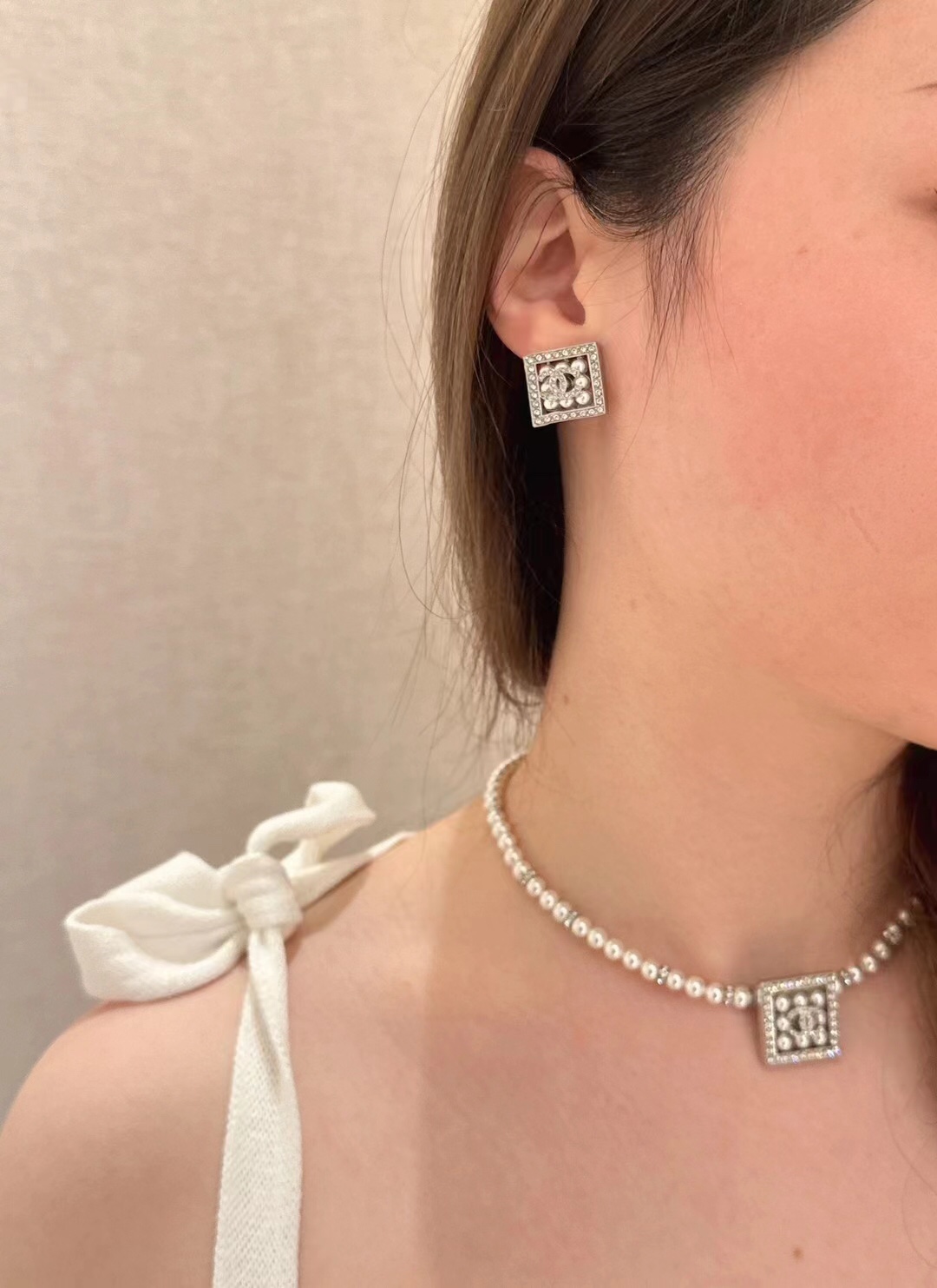 CCN441 24S CC square pearl choker necklace - ccjewelryacc