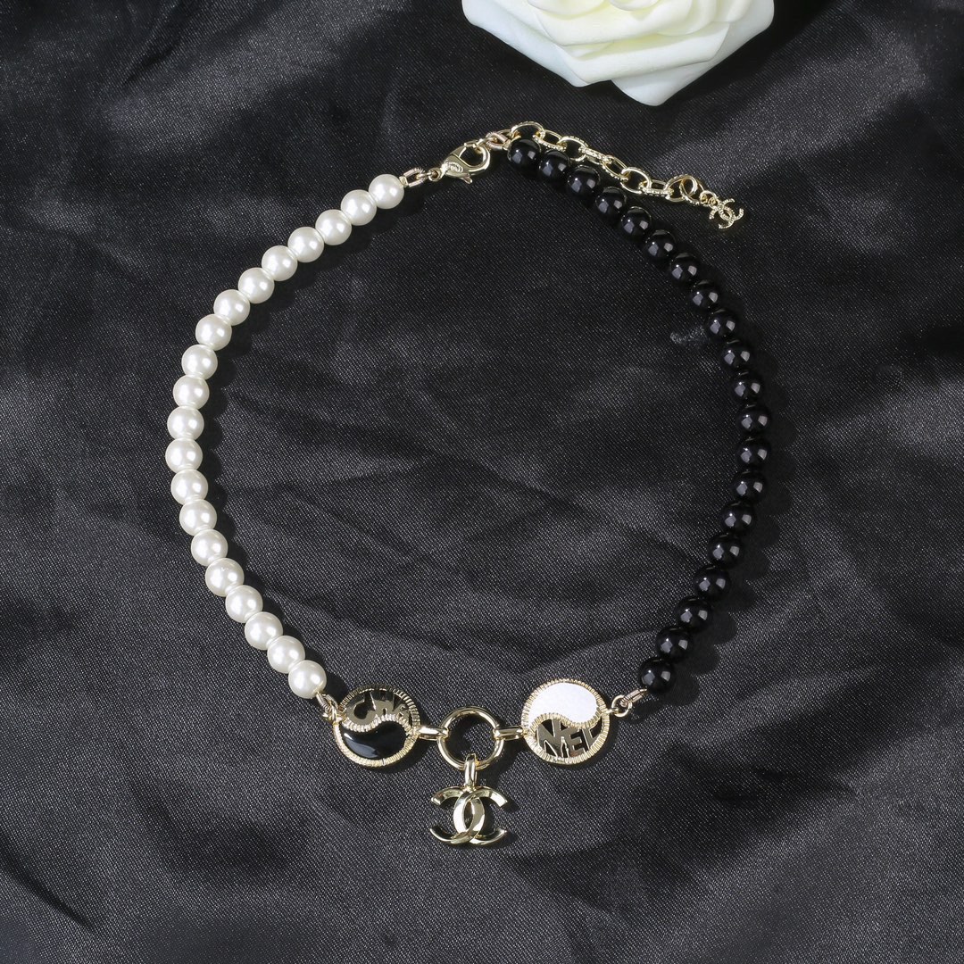 CCN477 CC White and black pearls Taichi choker necklace - ccfashionjewelry